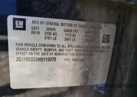 2017 Chevrolet Impala Lt from USA, damaged, VIN 2G1105S33H9119079